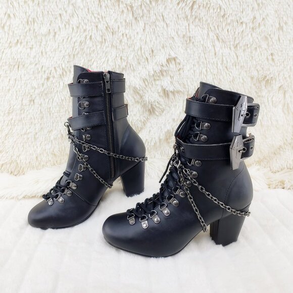 Vivika Goth Granny Ankle Boots Coffin Straps & Chain - Picture 11 of 16